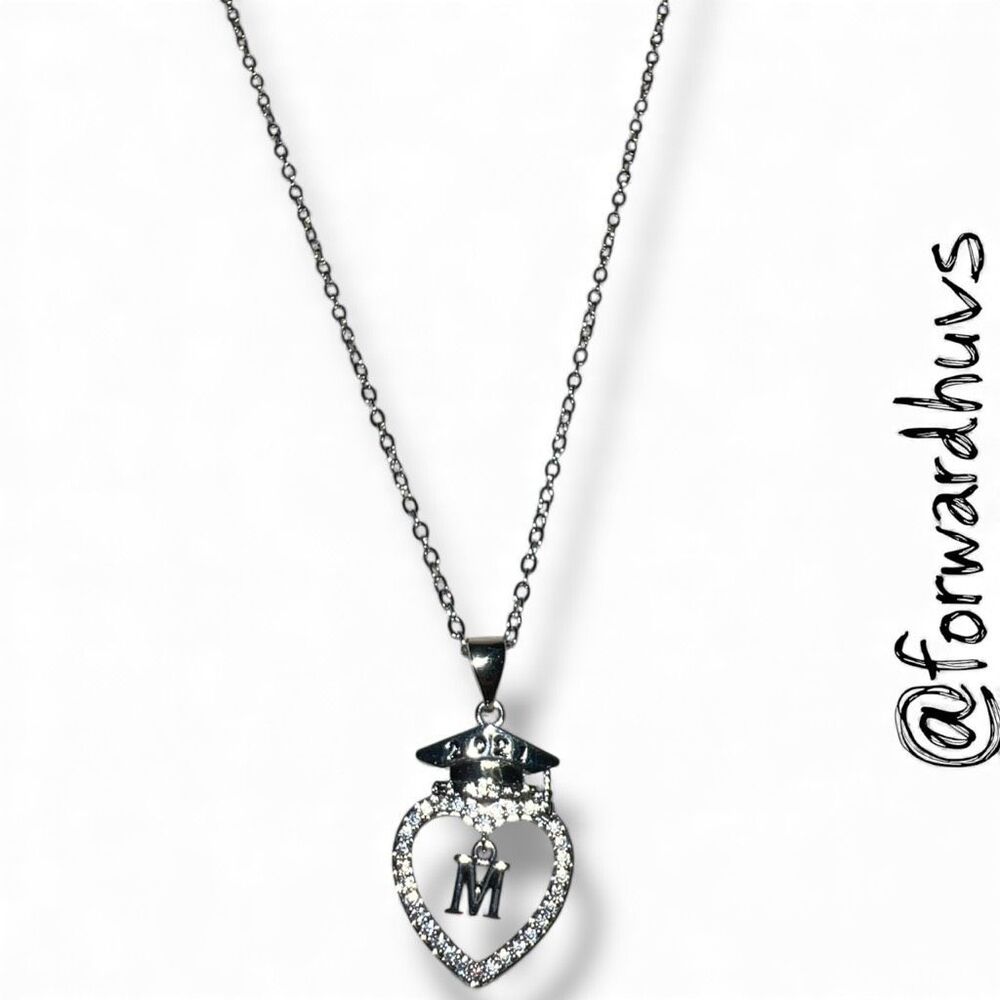 Graduation Heart Pendant Necklace – Rhinestone Embellished – “M” Charm – 2021